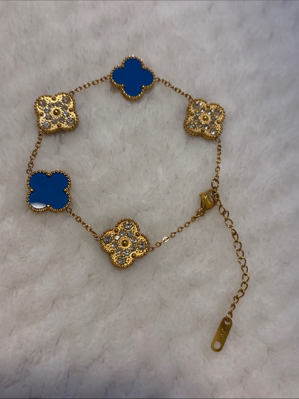 NWOT 18K Gold Plated Bracelet with Blue & Gold Floral Clover Crystal